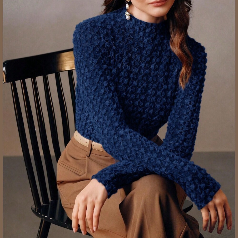 Navy Blue Textured Knit High Turtle Neck Long Sleeve Slim Fit Sweater Top
